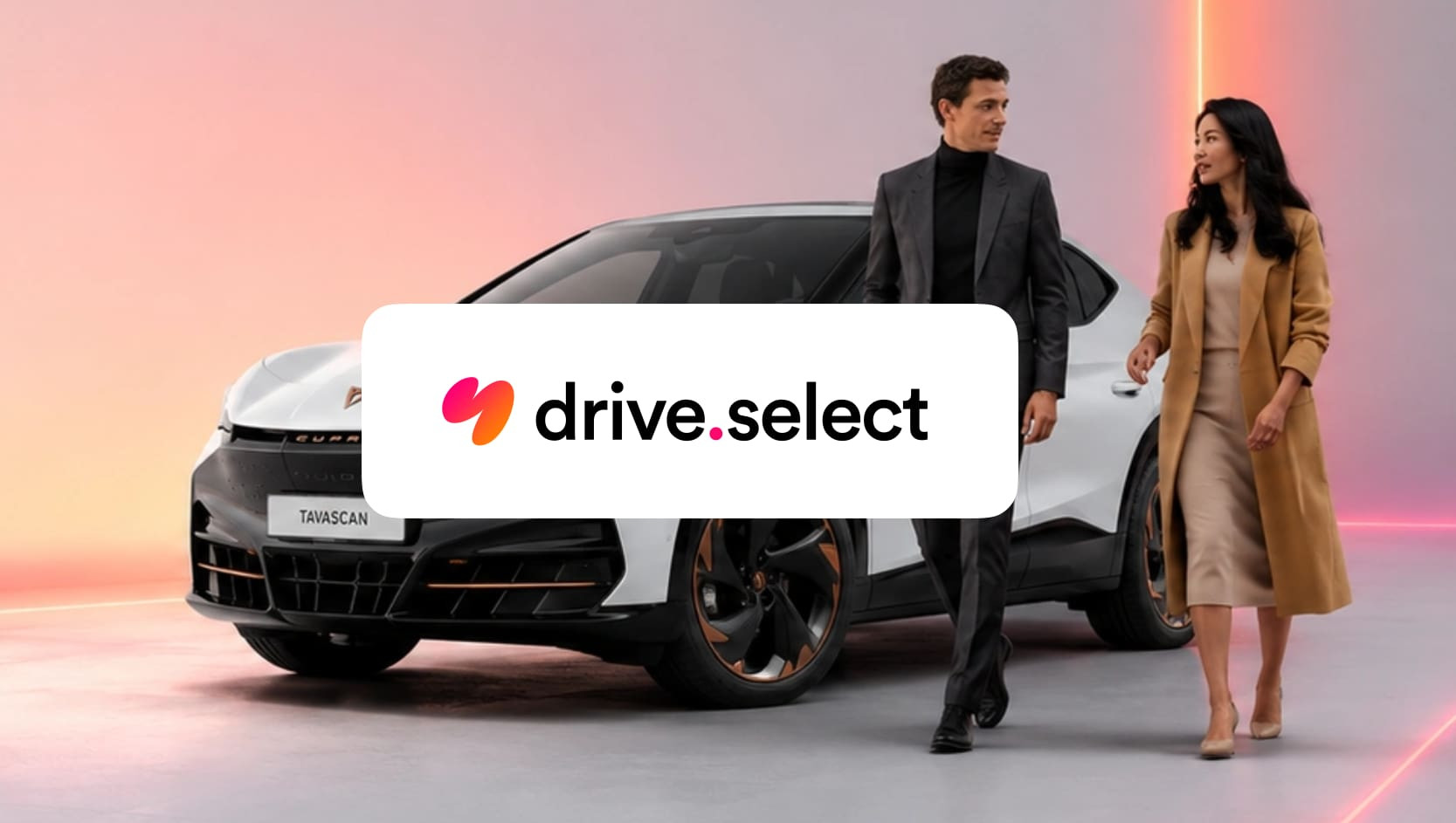 drive.select Logo with background of CUPRA Tavascan vehicle and customers